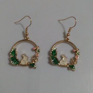 Enamel Bunny Hoop Earrings with Green Leaves and Pink Florals
